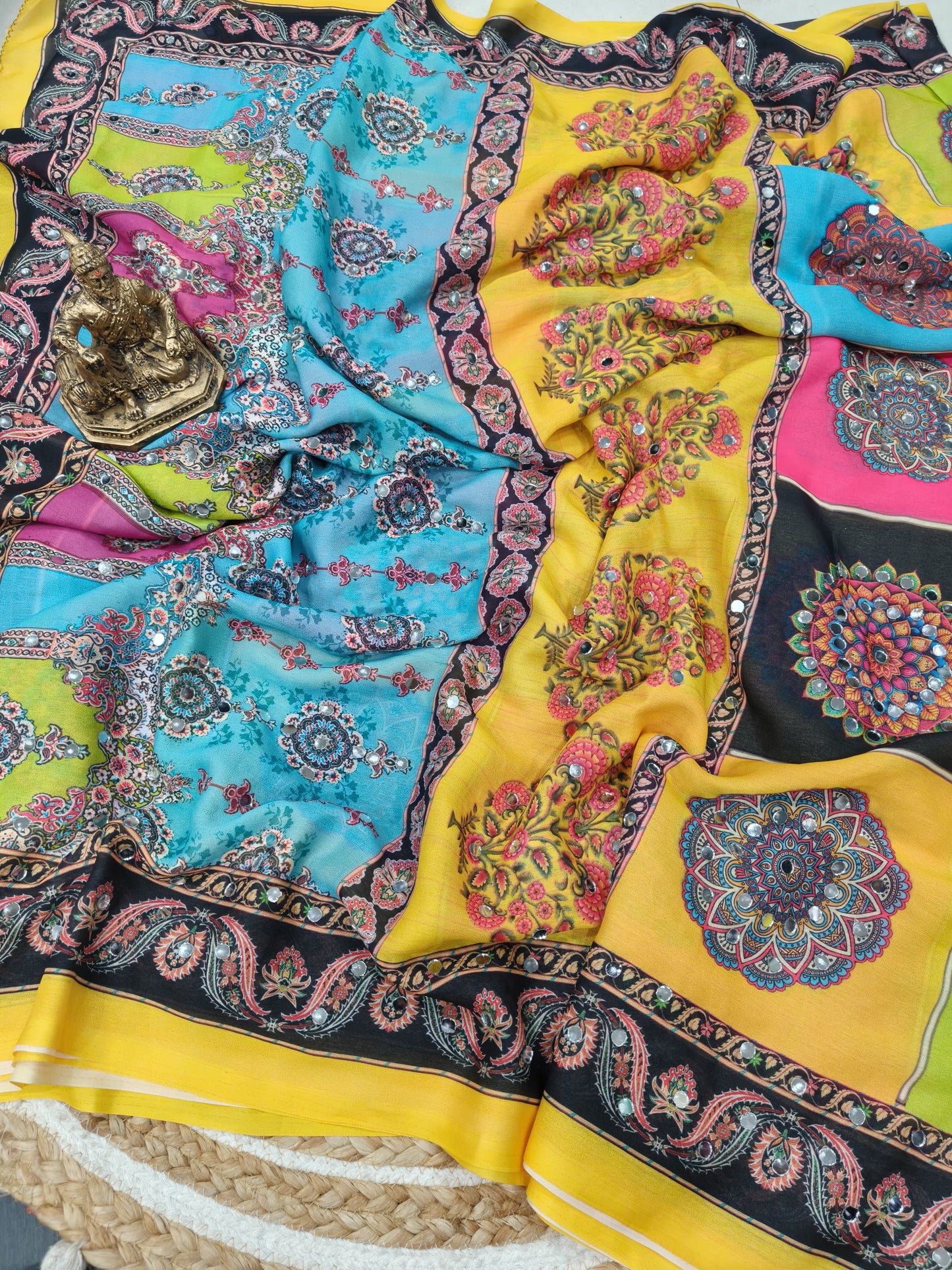 Heavy Marsh mellow georgette saree with mosaic digital print and mirror work(2500 unit) all over sarees attached with perfectly matched pallu & blouse piece