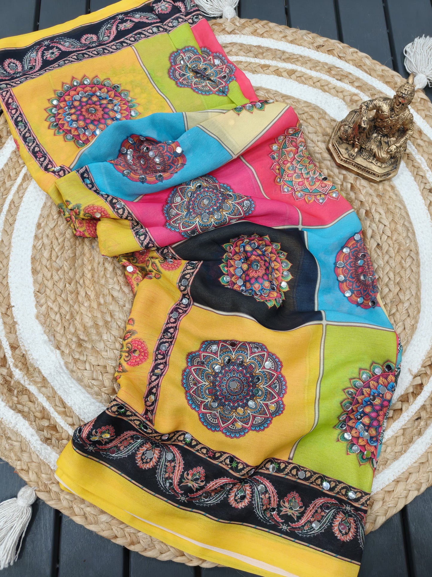 Heavy Marsh mellow georgette saree with mosaic digital print and mirror work(2500 unit) all over sarees attached with perfectly matched pallu & blouse piece