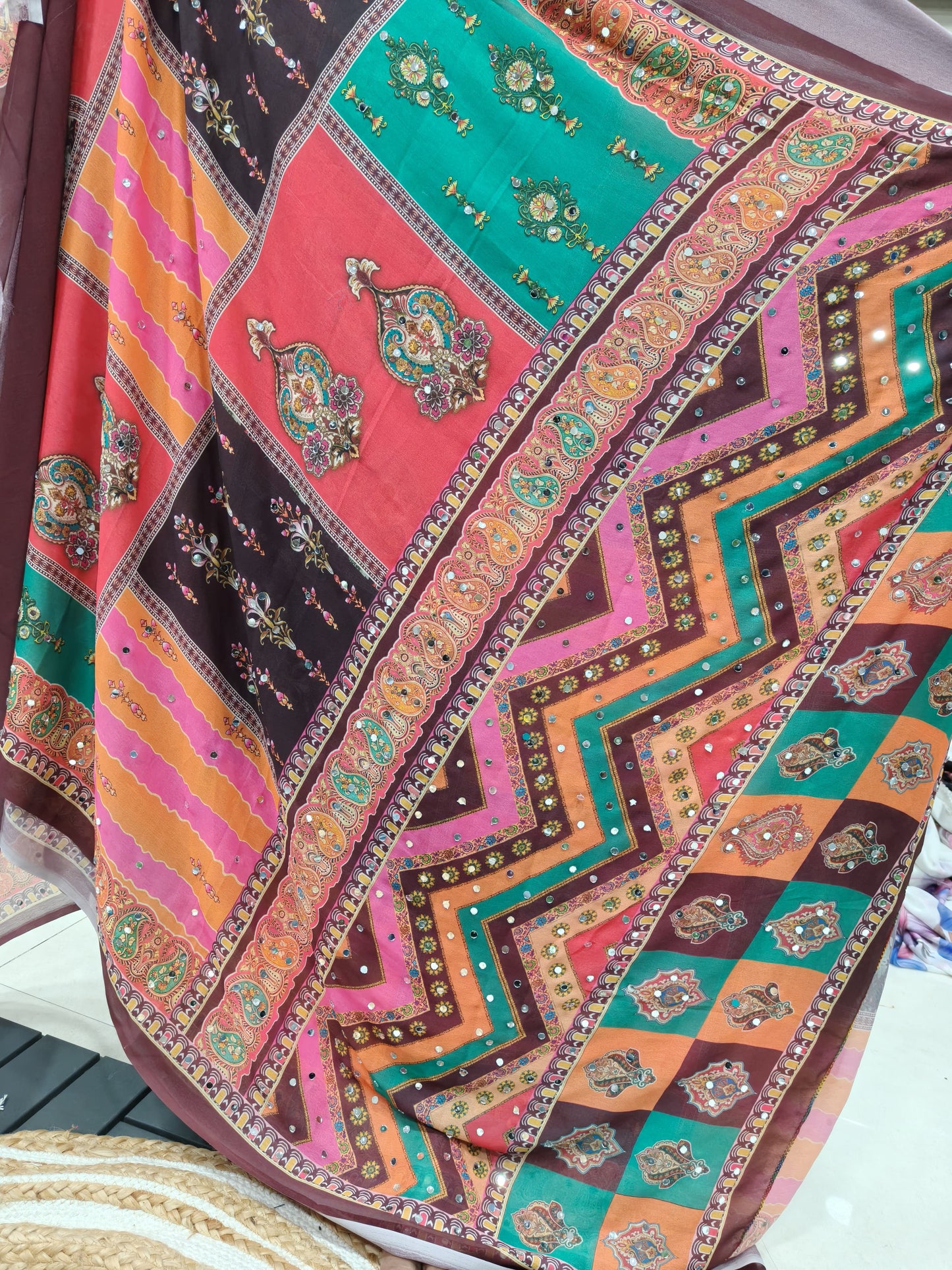 Heavy Marsh mellow georgette saree with mosaic digital print and mirror work(2500 unit) all over sarees attached with perfectly matched pallu & blouse piece