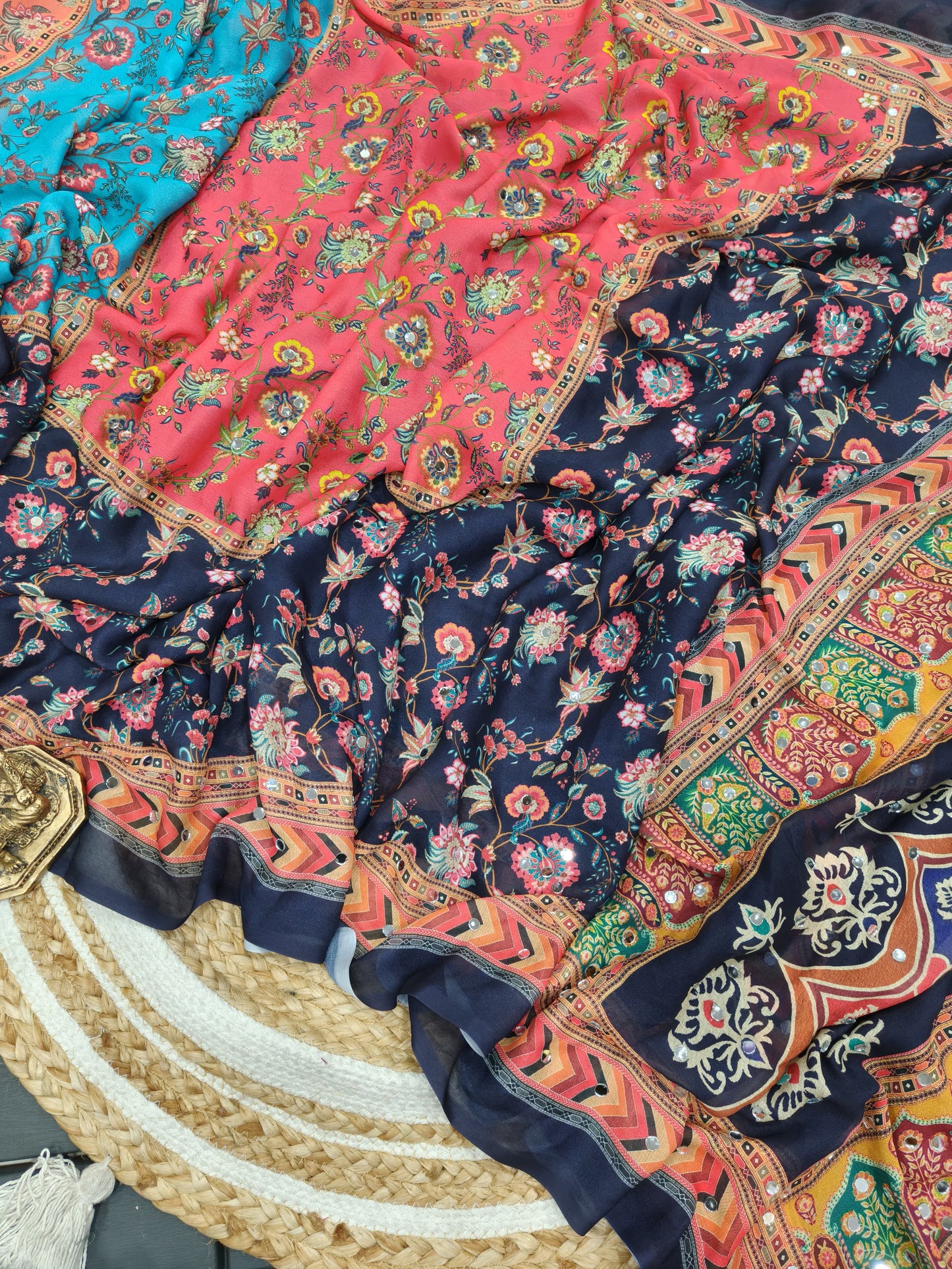 Heavy Marsh mellow georgette saree with mosaic digital print and mirror work(2500 unit) all over sarees attached with perfectly matched pallu & blouse piece