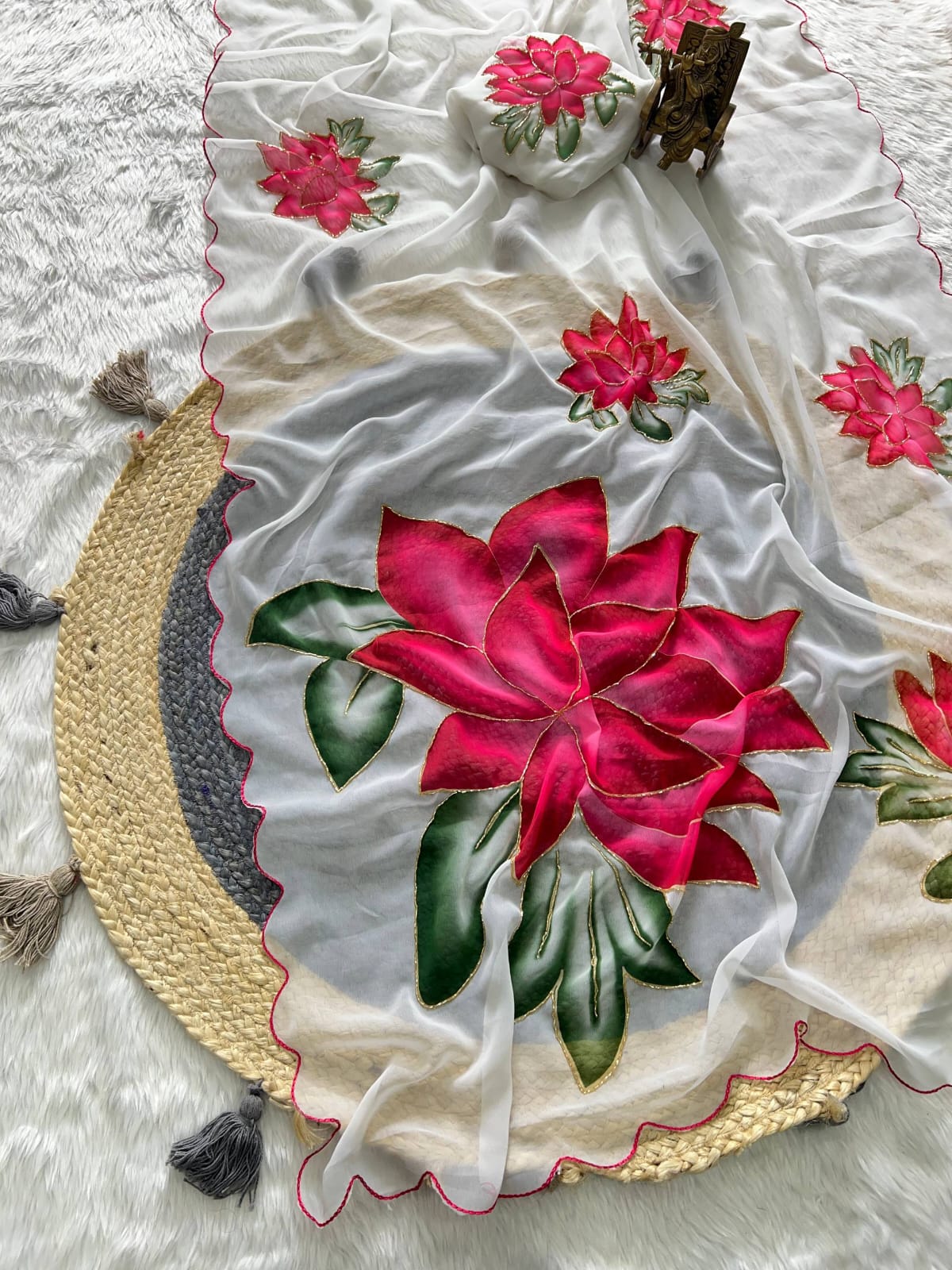 Soft pure Georgette handwork sarees It has all over Digital print with *handwork (Khatli) work Digital printed saree.