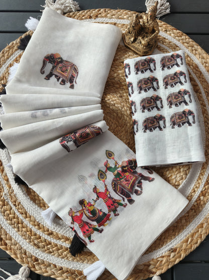 Heavy linen  blooming saree elephant digital print on alloveSaree attached with heavy motif Tussels with PERFECTLY MATCHED blouse piece and pallu