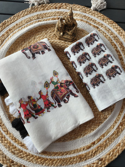 Heavy linen  blooming saree elephant digital print on alloveSaree attached with heavy motif Tussels with PERFECTLY MATCHED blouse piece and pallu