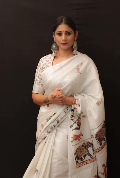 Heavy linen  blooming saree elephant digital print on alloveSaree attached with heavy motif Tussels with PERFECTLY MATCHED blouse piece and pallu