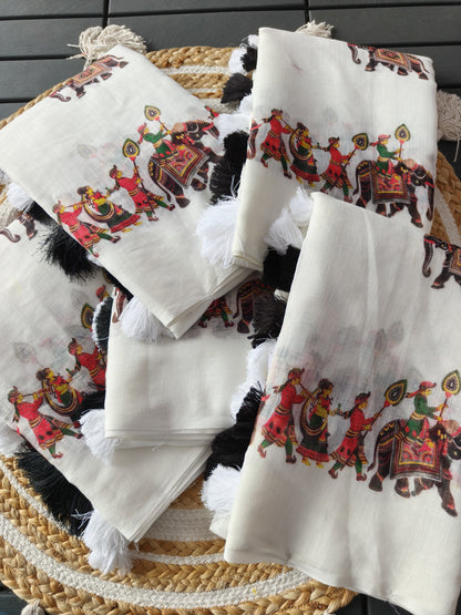 Heavy linen  blooming saree elephant digital print on alloveSaree attached with heavy motif Tussels with PERFECTLY MATCHED blouse piece and pallu