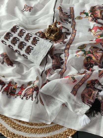 Heavy linen  blooming saree elephant digital print on alloveSaree attached with heavy motif Tussels with PERFECTLY MATCHED blouse piece and pallu