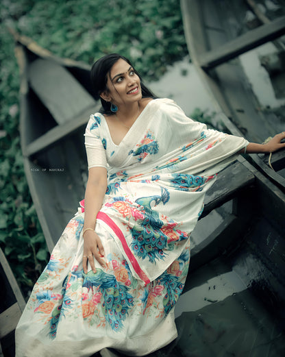 Heavy riko zari saree with zari weave stripes digital print on allover saree with PERFECTLY MATCHED blouse piece and peacock pallu 🦚🦚🦚🦚