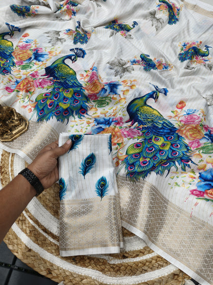 Heavy riko zari saree with zari weave stripes digital print on allover saree with PERFECTLY MATCHED blouse piece and peacock pallu 🦚🦚🦚🦚