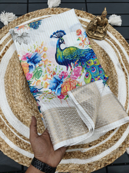 Heavy riko zari saree with zari weave stripes digital print on allover saree with PERFECTLY MATCHED blouse piece and peacock pallu 🦚🦚🦚🦚