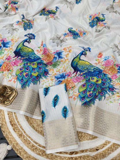 Heavy riko zari saree with zari weave stripes digital print on allover saree with PERFECTLY MATCHED blouse piece and peacock pallu 🦚🦚🦚🦚