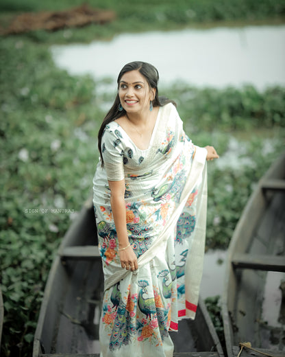 Heavy riko zari saree with zari weave stripes digital print on allover saree with PERFECTLY MATCHED blouse piece and peacock pallu 🦚🦚🦚🦚