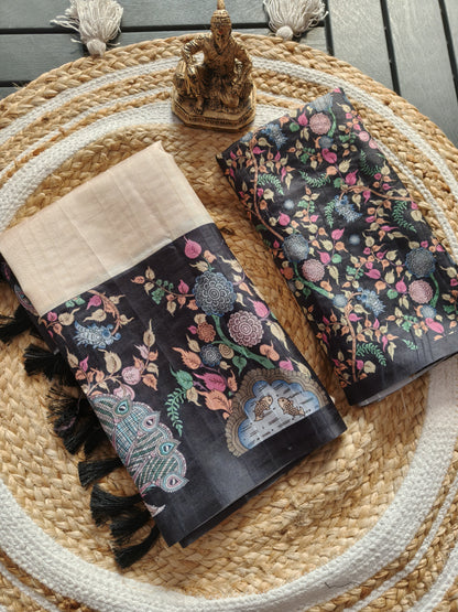 Heavy handloom tussar silk  saree with gajraj chitrakala digital print on allover saree