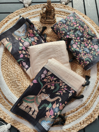 Heavy handloom tussar silk  saree with gajraj chitrakala digital print on allover saree