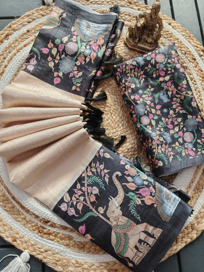 Heavy handloom tussar silk  saree with gajraj chitrakala digital print on allover saree