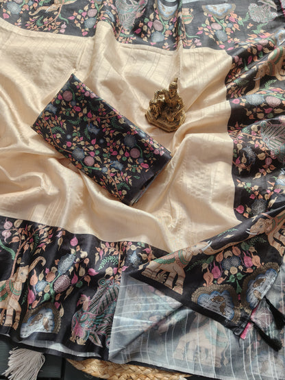 Heavy handloom tussar silk  saree with gajraj chitrakala digital print on allover saree