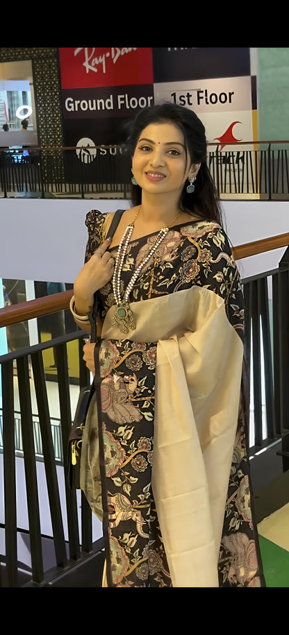 Heavy handloom tussar silk  saree with gajraj chitrakala digital print on allover saree