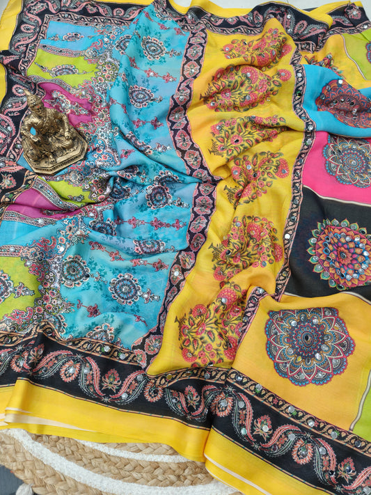 Heavy Marsh mellow georgette saree with mosaic digital print and  mirror work(2500 unit) all over sarees attached with perfectly matched pallu & blouse piece