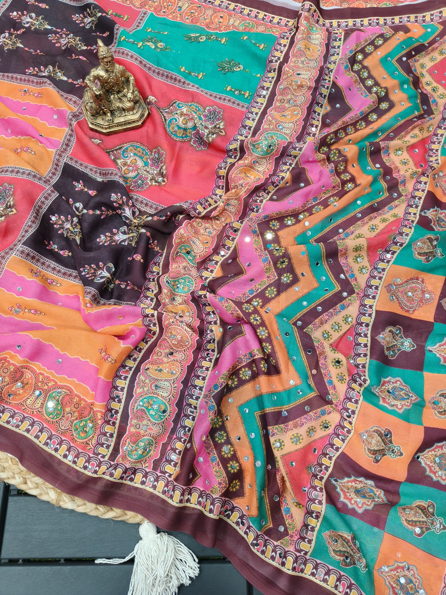 Heavy Marsh mellow georgette saree with mosaic digital print and  mirror work(2500 unit) all over sarees attached with perfectly matched pallu & blouse piece
