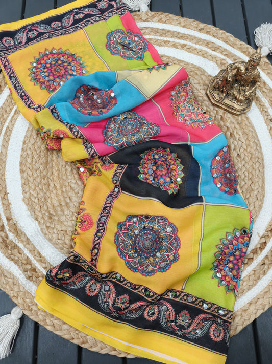Heavy Marsh mellow georgette saree with mosaic digital print and  mirror work(2500 unit) all over sarees attached with perfectly matched pallu & blouse piece
