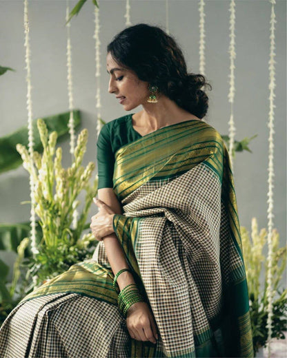 BEAUTIFUL RICH PALLU & JACQUARD WORK ON ALL OVER THE SAREE.  BLOUSE : CONTRAST EXCLUSIVE JACQUARD BORDER.