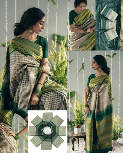 BEAUTIFUL RICH PALLU & JACQUARD WORK ON ALL OVER THE SAREE.  BLOUSE : CONTRAST EXCLUSIVE JACQUARD BORDER.