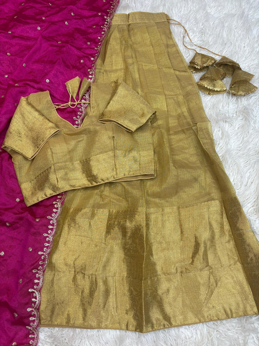 Kanchipuram Banarashi tissue silk lehanga golden with contrast Duppata matching Chinnon