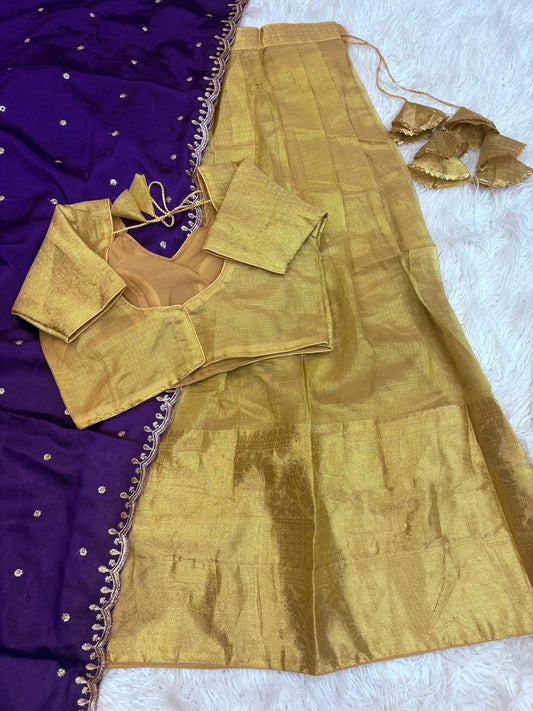 Kanchipuram Banarashi tissue silk lehanga golden with contrast Duppata matching Chinnon