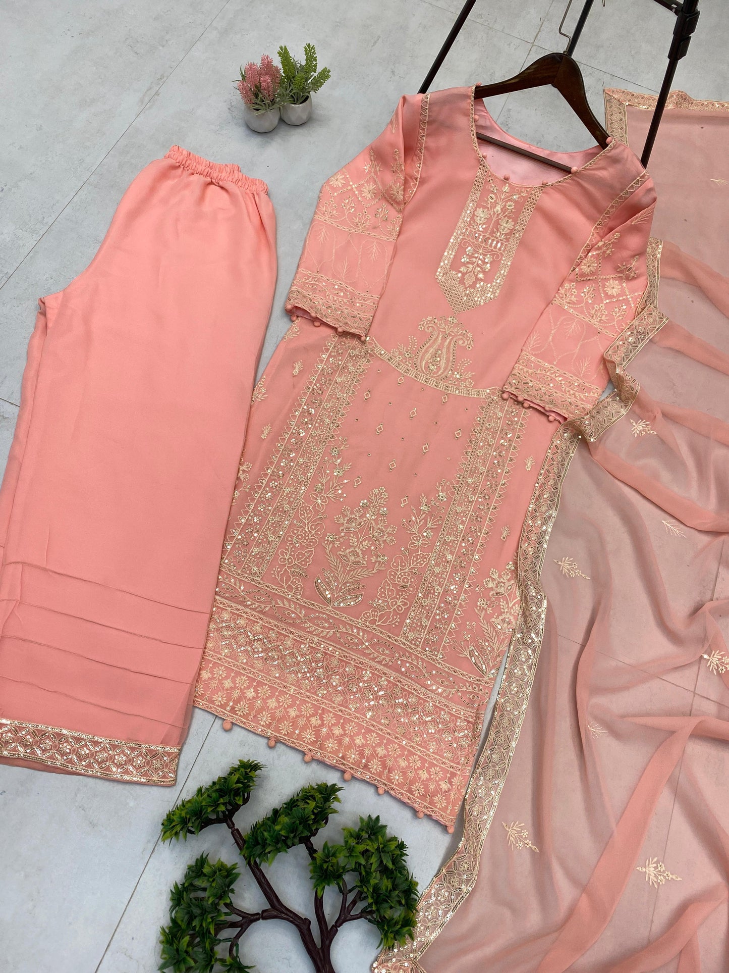 _EXCLUSIVE 3 PIECE PLAZZO PAIR WITH   DUPATTA IN SEQUENCE EMBROIDERY WORK
