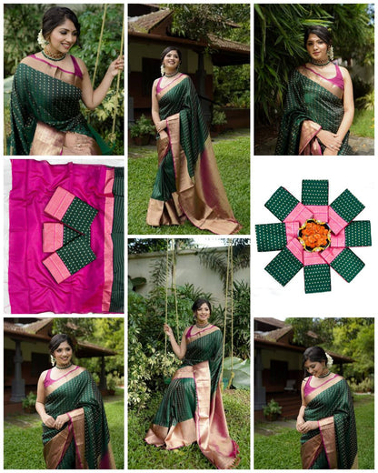 BEAUTIFUL RICH PALLU & JACQUARD WORK ON ALL OVER THE SAREE.  BLOUSE : CONTRAST EXCLUSIVE JACQUARD BORDER.