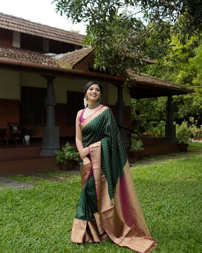 BEAUTIFUL RICH PALLU & JACQUARD WORK ON ALL OVER THE SAREE.  BLOUSE : CONTRAST EXCLUSIVE JACQUARD BORDER.