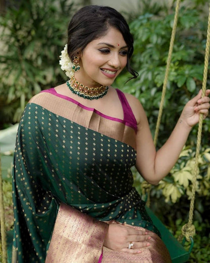 BEAUTIFUL RICH PALLU & JACQUARD WORK ON ALL OVER THE SAREE.  BLOUSE : CONTRAST EXCLUSIVE JACQUARD BORDER.