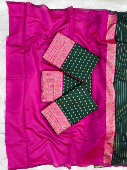 BEAUTIFUL RICH PALLU & JACQUARD WORK ON ALL OVER THE SAREE.  BLOUSE : CONTRAST EXCLUSIVE JACQUARD BORDER.