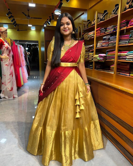 Kanchipuram Banarashi tissue silk lehanga golden with contrast Duppata matching Chinnon