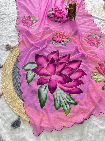 Soft pure Georgette handwork sarees It has all over Digital print with  *handwork (Khatli) work  Digital printed saree.